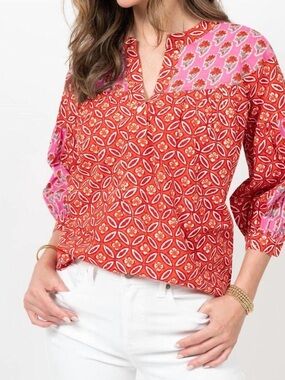 Ivy Jane Pink Red Floral Top Boho Indian Block Print Large